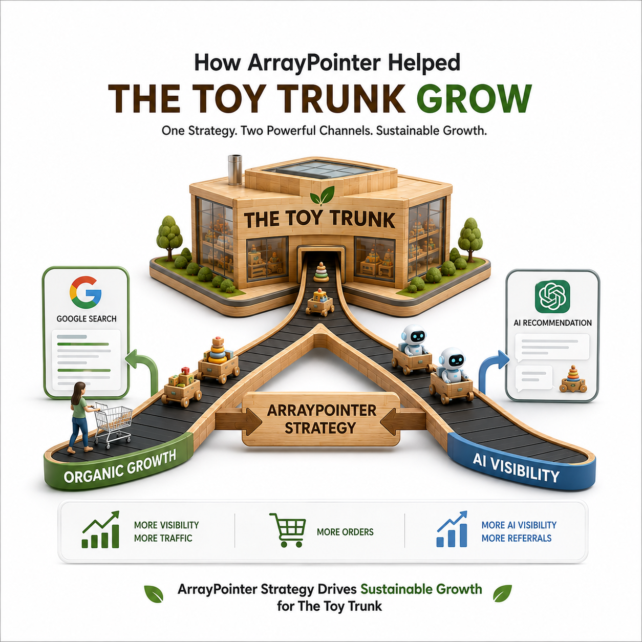 How ArrayPointer helped The Toy Trunk scale organic search impressions, modernize their mobile store UI, and unlock direct orders from ChatGPT