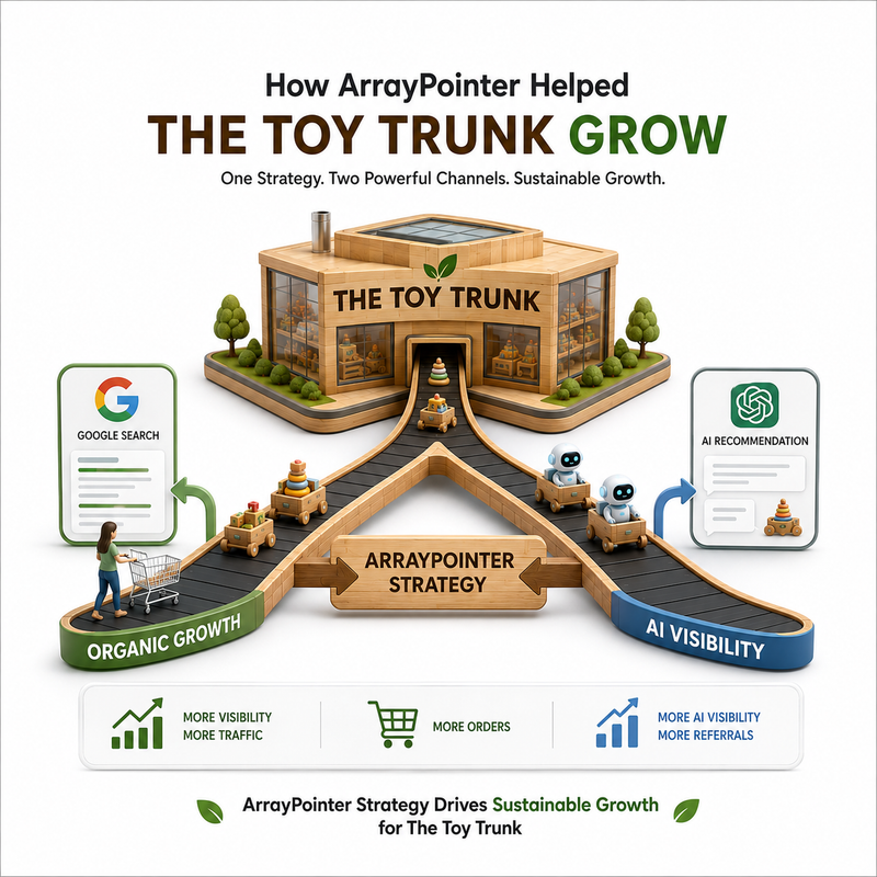 How ArrayPointer helped The Toy Trunk scale organic search impressions, modernize their mobile store UI, and unlock direct orders from ChatGPT